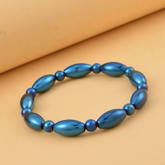 New, Blue Color, Hematite Beaded Stretch Bracelet, 145.00ctw - Picture 5 of 5